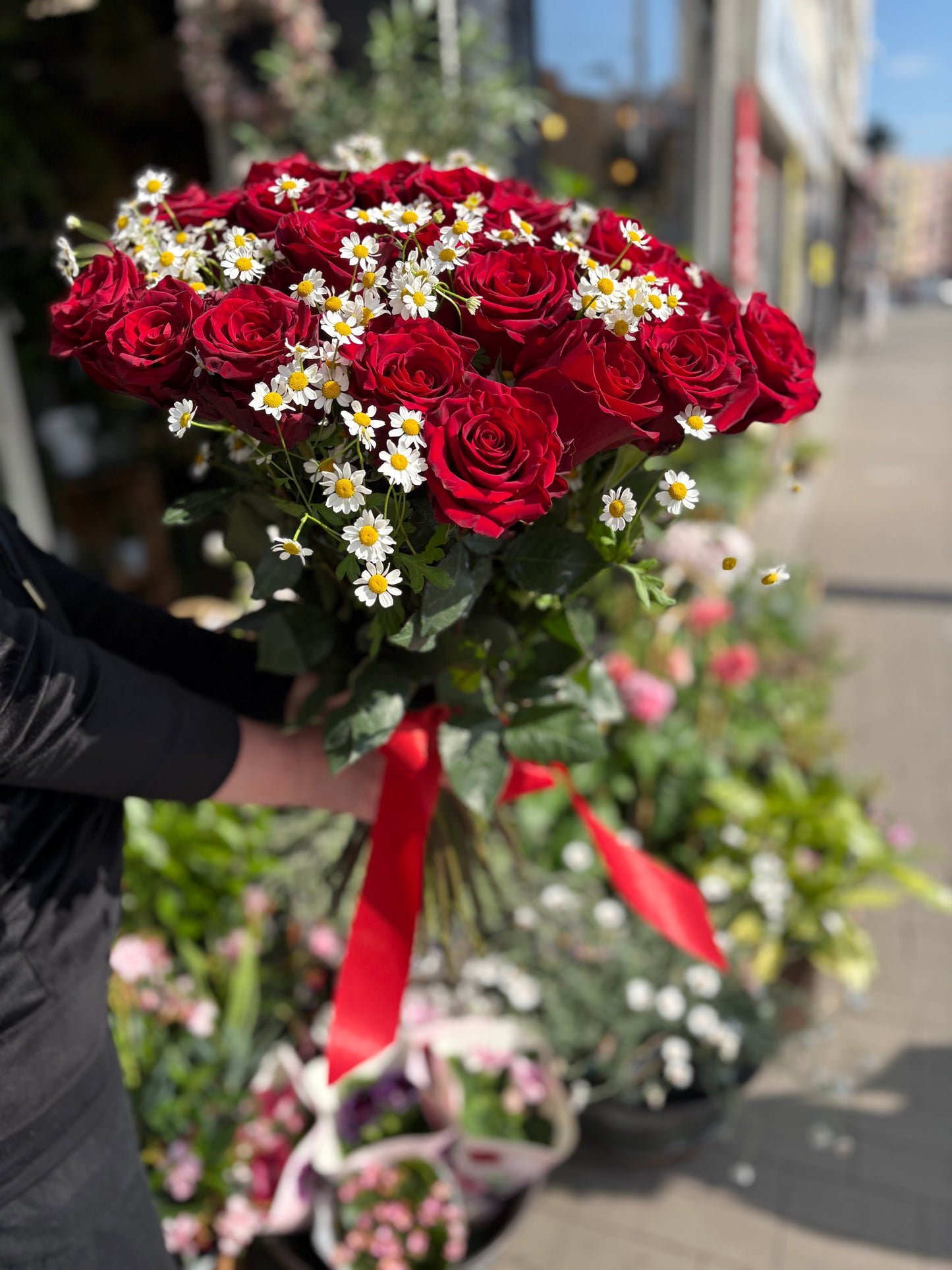 Kytice z luxusních rudých růží s heřmánkem